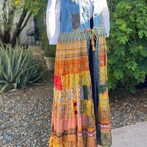 Bohemian Patchwork Maxi Dress with Denim Vest